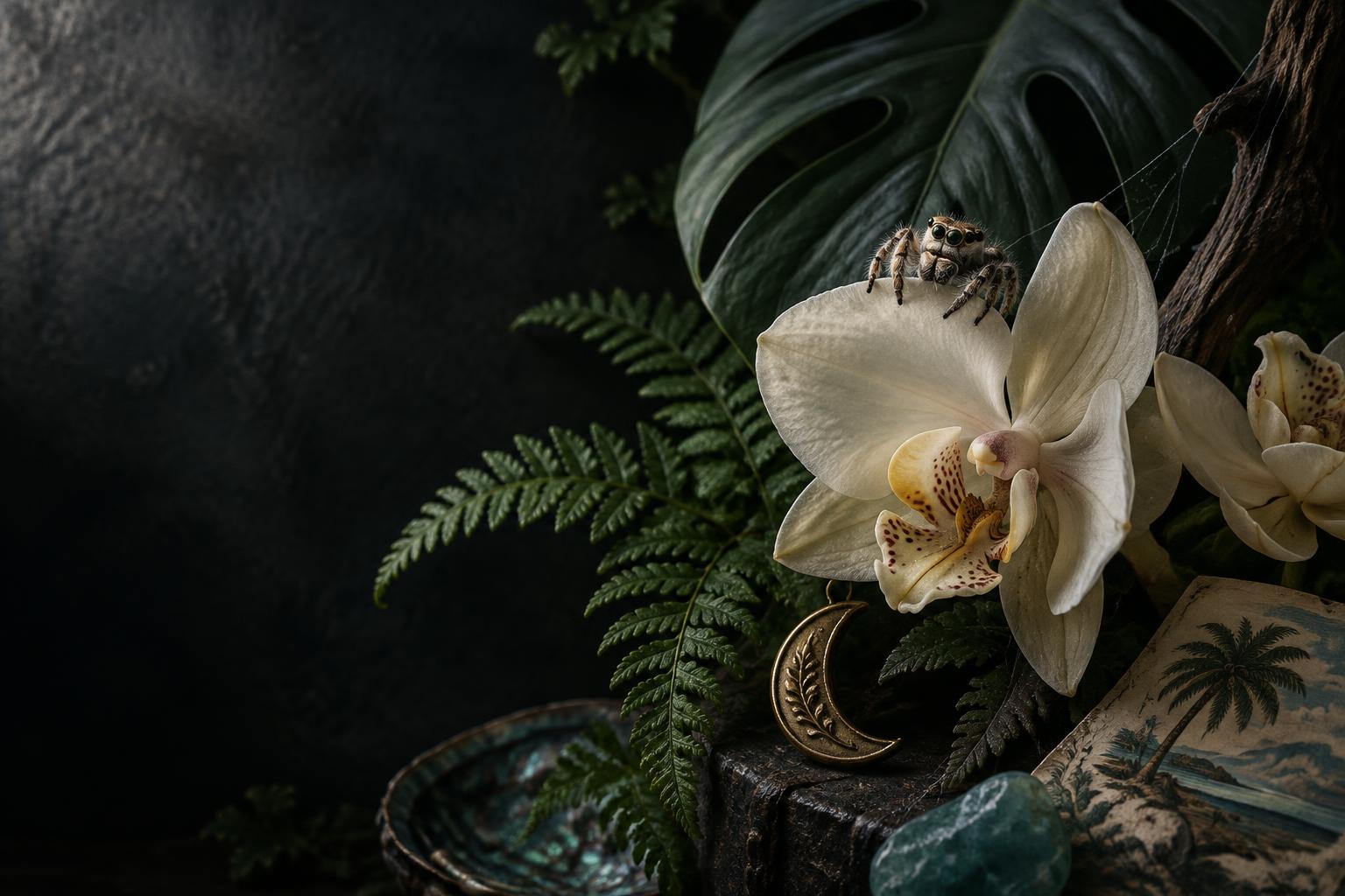 Jumping spider on an orchid amid tropical leaves and handmade art