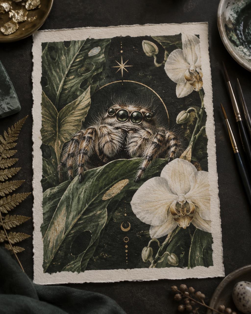 Botanical jumping spider portrait with orchid and celestial details